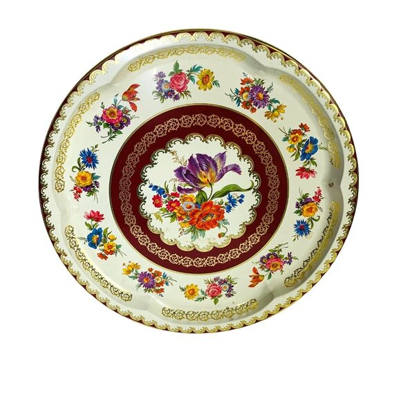 Victorian Style Metal Tray 12" Round Decorative Floral Platter Farmers Market - Picture 4 of 10